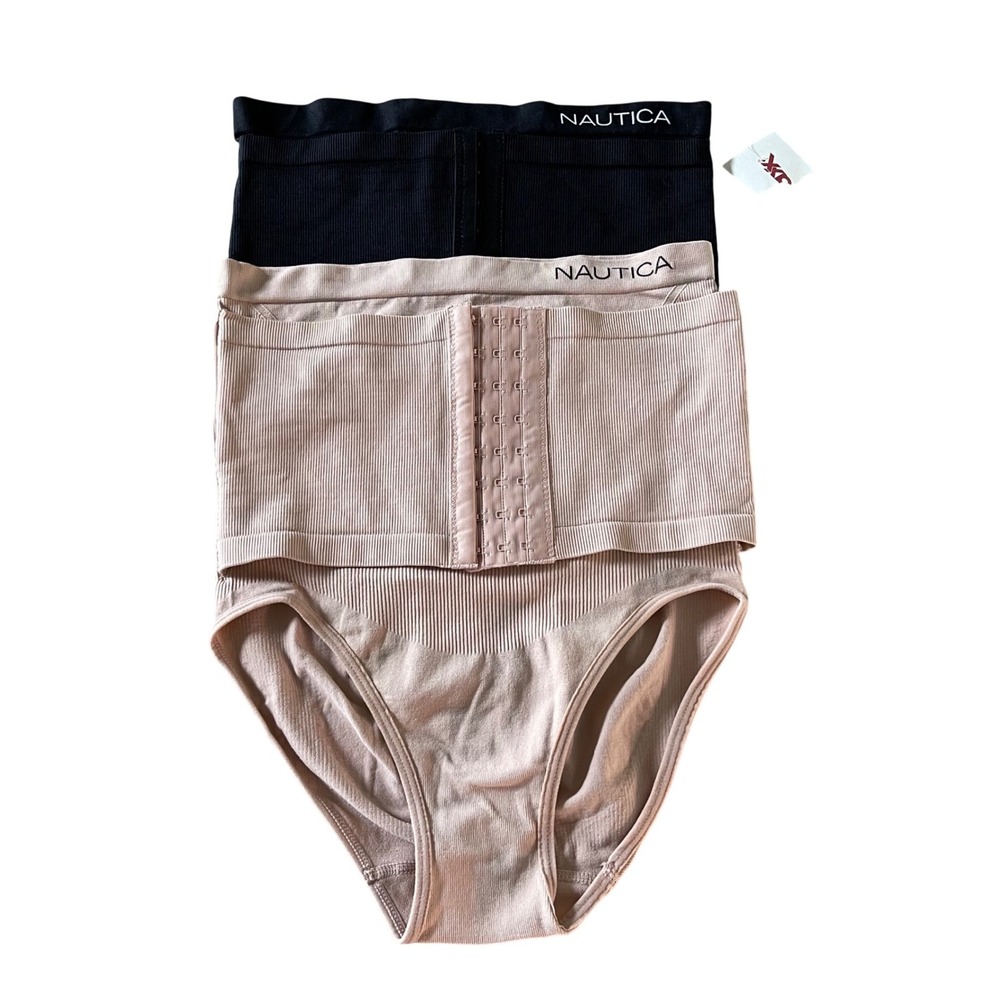 Nautica Shapewear Panties Women M Black Nude 2PK High Waist Tummy Control Briefs
